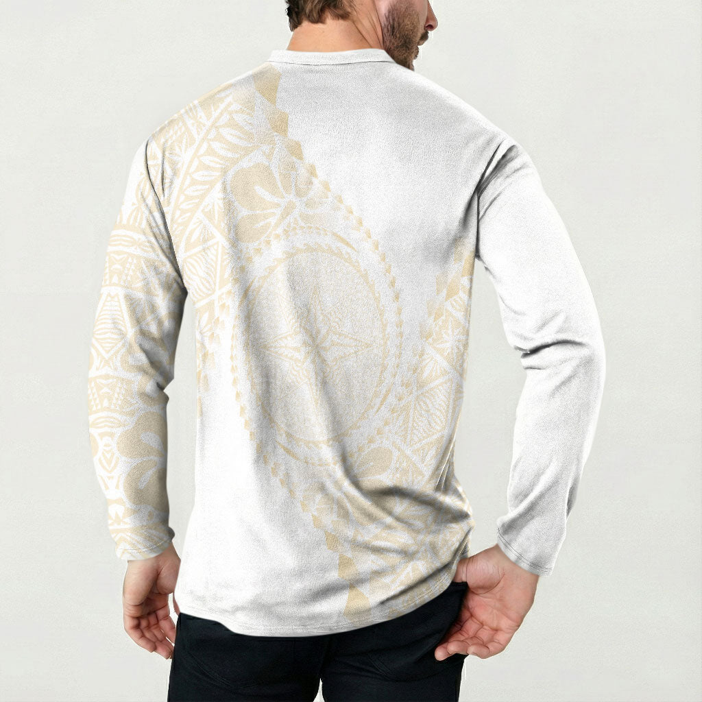 Tonga White Sunday Button Sweatshirt Lotu Tamaiti Tongan Kupesi Pattern LT05 - Polynesian Pride