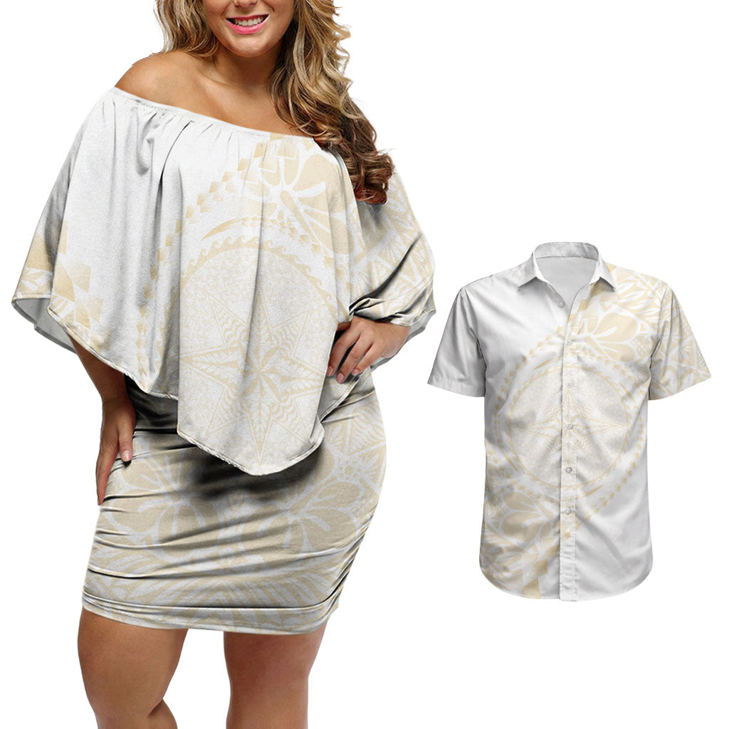 Tonga White Sunday Couples Matching Off Shoulder Short Dress and Hawaiian Shirt Lotu Tamaiti Tongan Kupesi Pattern