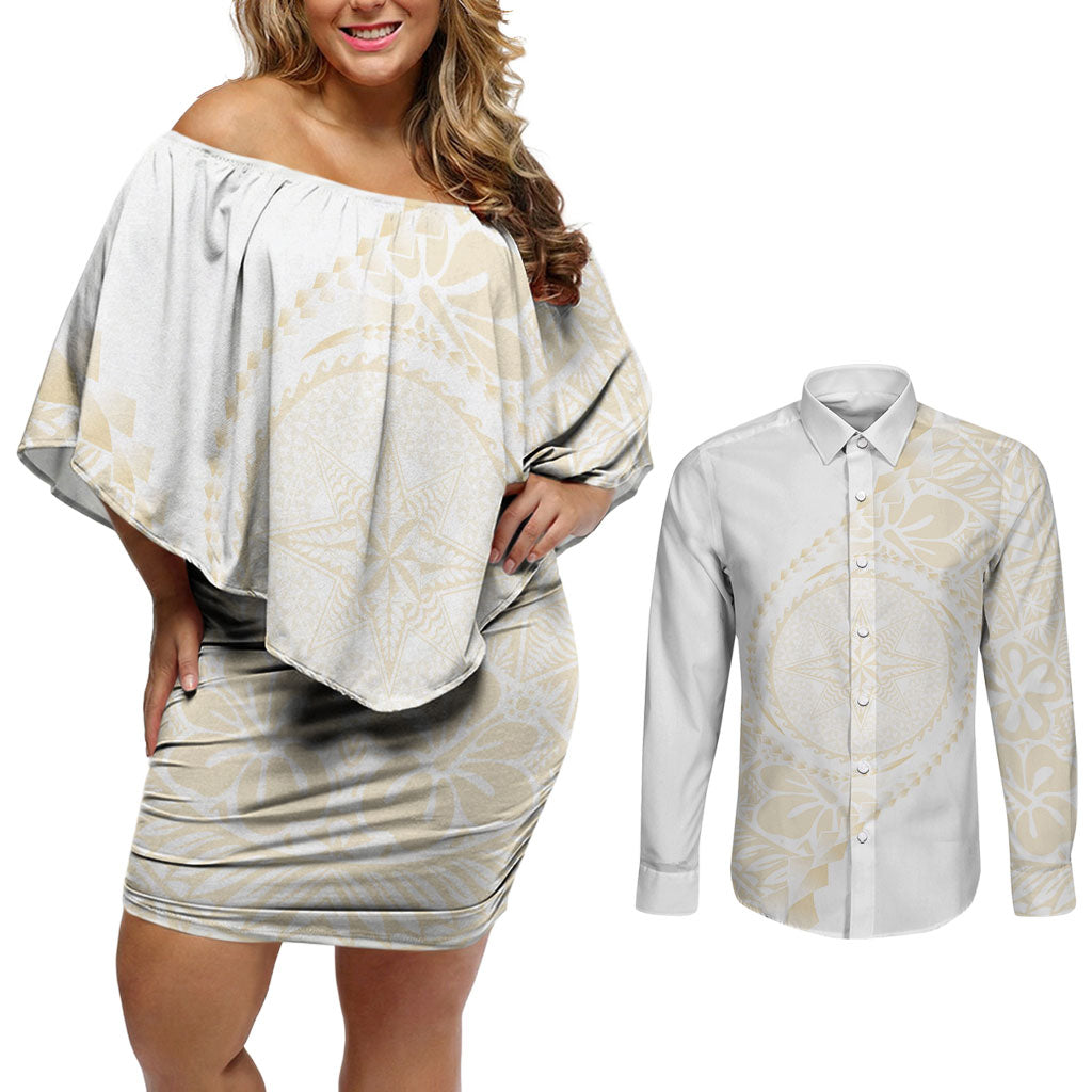 Tonga White Sunday Couples Matching Off Shoulder Short Dress and Long Sleeve Button Shirt Lotu Tamaiti Tongan Kupesi Pattern LT05 Beige - Polynesian Pride
