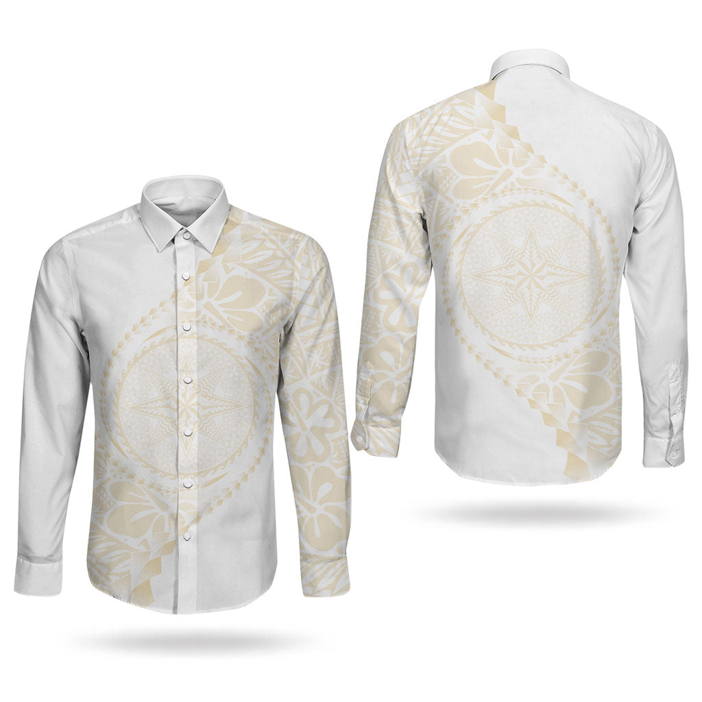 Tonga White Sunday Couples Matching Off Shoulder Short Dress and Long Sleeve Button Shirt Lotu Tamaiti Tongan Kupesi Pattern LT05 - Polynesian Pride