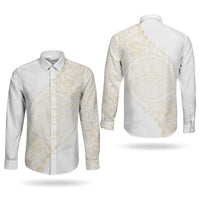Tonga White Sunday Couples Matching Off Shoulder Short Dress and Long Sleeve Button Shirt Lotu Tamaiti Tongan Kupesi Pattern LT05 - Polynesian Pride