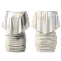 Tonga White Sunday Couples Matching Off Shoulder Short Dress and Long Sleeve Button Shirt Lotu Tamaiti Tongan Kupesi Pattern LT05 - Polynesian Pride