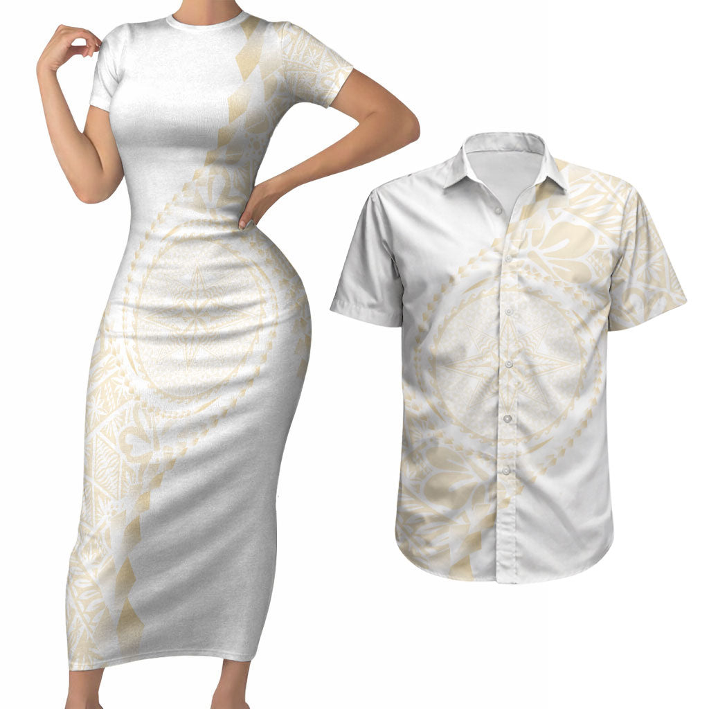 Tonga White Sunday Couples Matching Short Sleeve Bodycon Dress and Hawaiian Shirt Lotu Tamaiti Tongan Kupesi Pattern LT05 Beige - Polynesian Pride