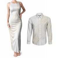 Tonga White Sunday Couples Matching Tank Maxi Dress and Long Sleeve Button Shirt Lotu Tamaiti Tongan Kupesi Pattern LT05 Beige - Polynesian Pride