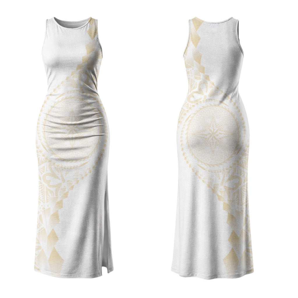 Tonga White Sunday Couples Matching Tank Maxi Dress and Long Sleeve Button Shirt Lotu Tamaiti Tongan Kupesi Pattern LT05 - Polynesian Pride