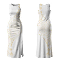 Tonga White Sunday Couples Matching Tank Maxi Dress and Long Sleeve Button Shirt Lotu Tamaiti Tongan Kupesi Pattern LT05 - Polynesian Pride