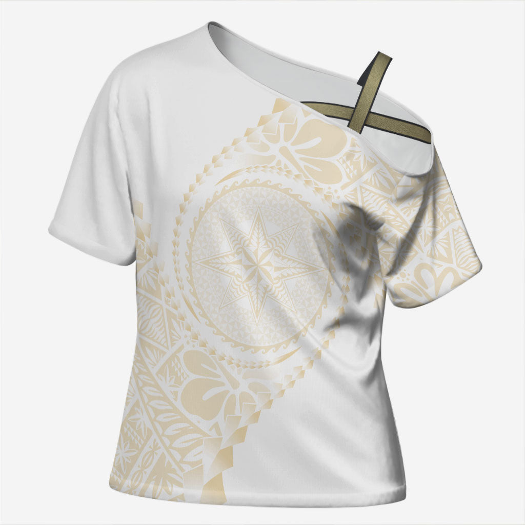 Tonga White Sunday Cross Shoulder Shirt Lotu Tamaiti Tongan Kupesi Pattern LT05 Female Beige - Polynesian Pride