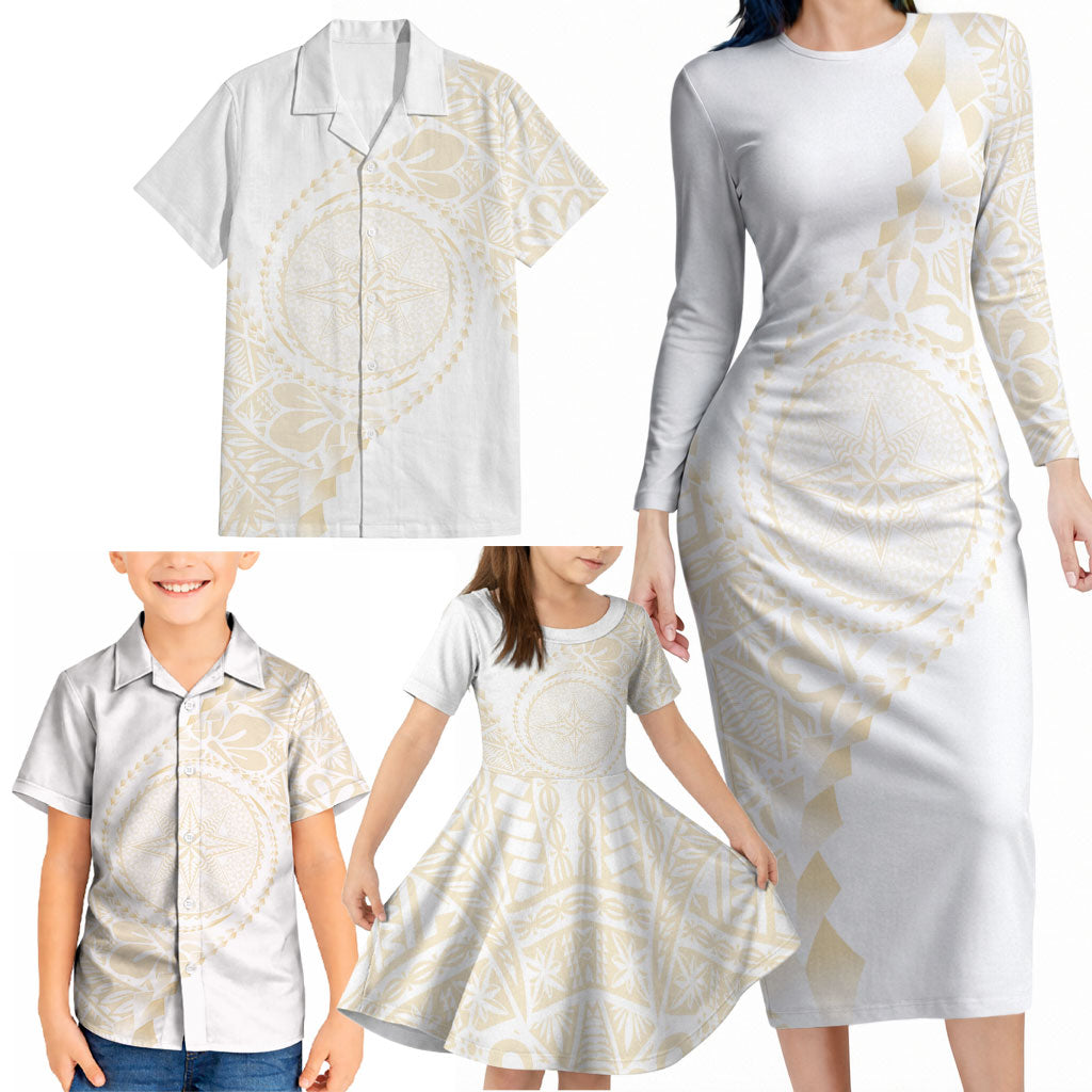 Tonga White Sunday Family Matching Long Sleeve Bodycon Dress and Hawaiian Shirt Lotu Tamaiti Tongan Kupesi Pattern LT05 - Polynesian Pride