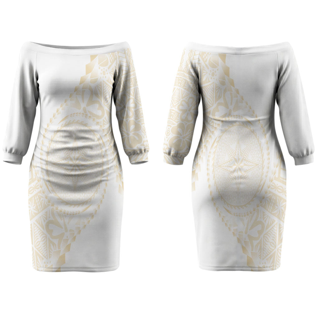 Tonga White Sunday Family Matching Off The Shoulder Long Sleeve Dress and Hawaiian Shirt Lotu Tamaiti Tongan Kupesi Pattern LT05 Mom's Dress Beige - Polynesian Pride