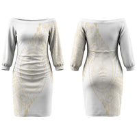 Tonga White Sunday Family Matching Off The Shoulder Long Sleeve Dress and Hawaiian Shirt Lotu Tamaiti Tongan Kupesi Pattern LT05 Mom's Dress Beige - Polynesian Pride