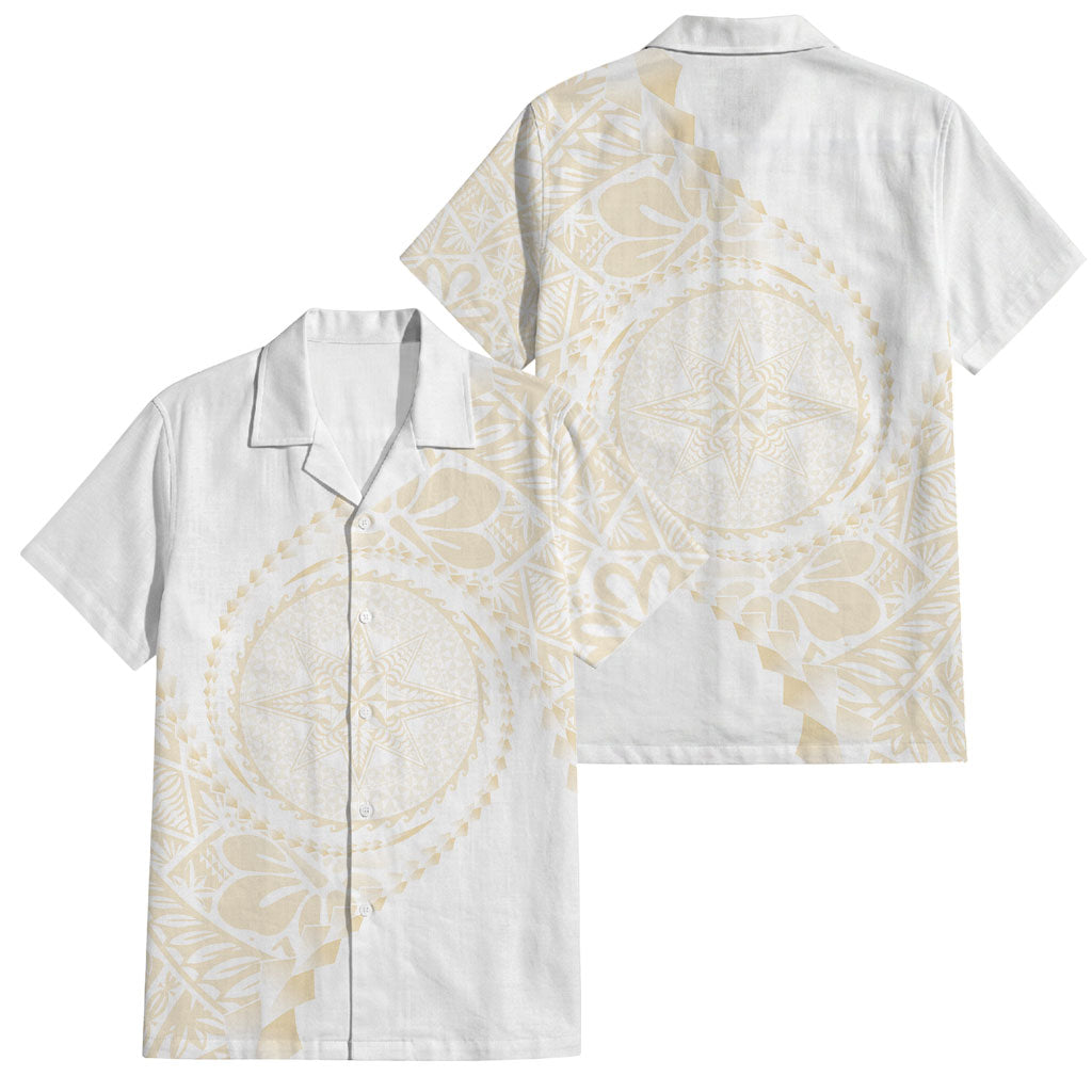 Tonga White Sunday Family Matching Off The Shoulder Long Sleeve Dress and Hawaiian Shirt Lotu Tamaiti Tongan Kupesi Pattern LT05 Dad's Shirt - Short Sleeve Beige - Polynesian Pride