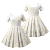 Tonga White Sunday Family Matching Off The Shoulder Long Sleeve Dress and Hawaiian Shirt Lotu Tamaiti Tongan Kupesi Pattern LT05 Daughter's Dress Beige - Polynesian Pride