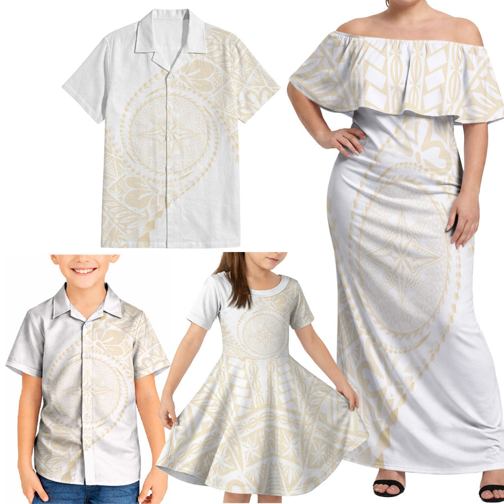 Tonga White Sunday Family Matching Off Shoulder Maxi Dress and Hawaiian Shirt Lotu Tamaiti Tongan Kupesi Pattern LT05 - Polynesian Pride