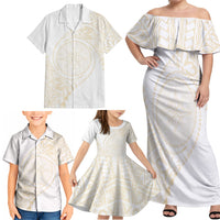 Tonga White Sunday Family Matching Off Shoulder Maxi Dress and Hawaiian Shirt Lotu Tamaiti Tongan Kupesi Pattern LT05 - Polynesian Pride