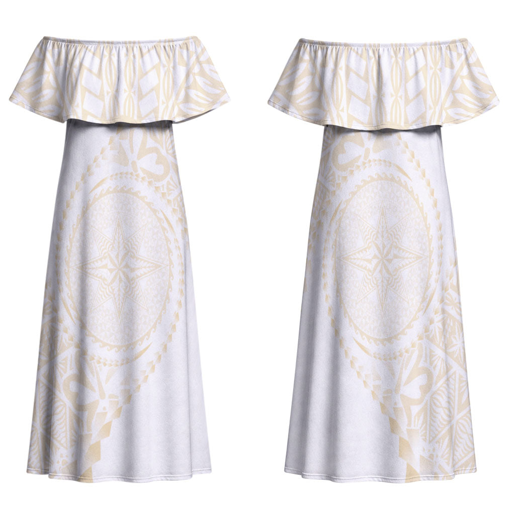 Tonga White Sunday Family Matching Off Shoulder Maxi Dress and Hawaiian Shirt Lotu Tamaiti Tongan Kupesi Pattern LT05 Mom's Dress Beige - Polynesian Pride