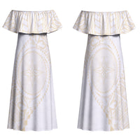 Tonga White Sunday Family Matching Off Shoulder Maxi Dress and Hawaiian Shirt Lotu Tamaiti Tongan Kupesi Pattern LT05 Mom's Dress Beige - Polynesian Pride