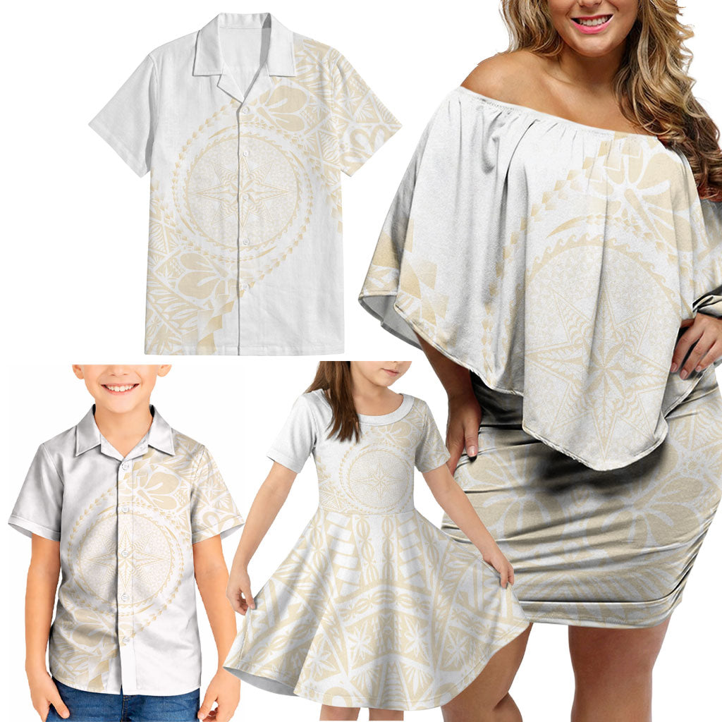 Tonga White Sunday Family Matching Off Shoulder Short Dress and Hawaiian Shirt Lotu Tamaiti Tongan Kupesi Pattern LT05 - Polynesian Pride