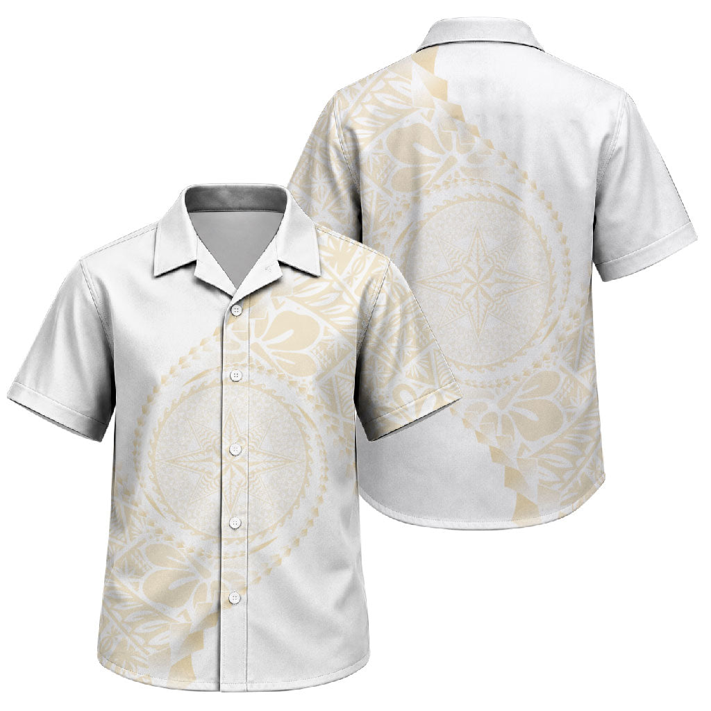 Tonga White Sunday Family Matching Off Shoulder Short Dress and Hawaiian Shirt Lotu Tamaiti Tongan Kupesi Pattern LT05 Son's Shirt Beige - Polynesian Pride