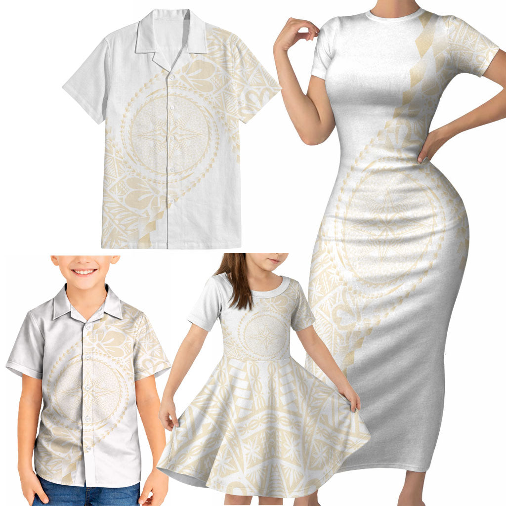 Tonga White Sunday Family Matching Short Sleeve Bodycon Dress and Hawaiian Shirt Lotu Tamaiti Tongan Kupesi Pattern LT05 - Polynesian Pride