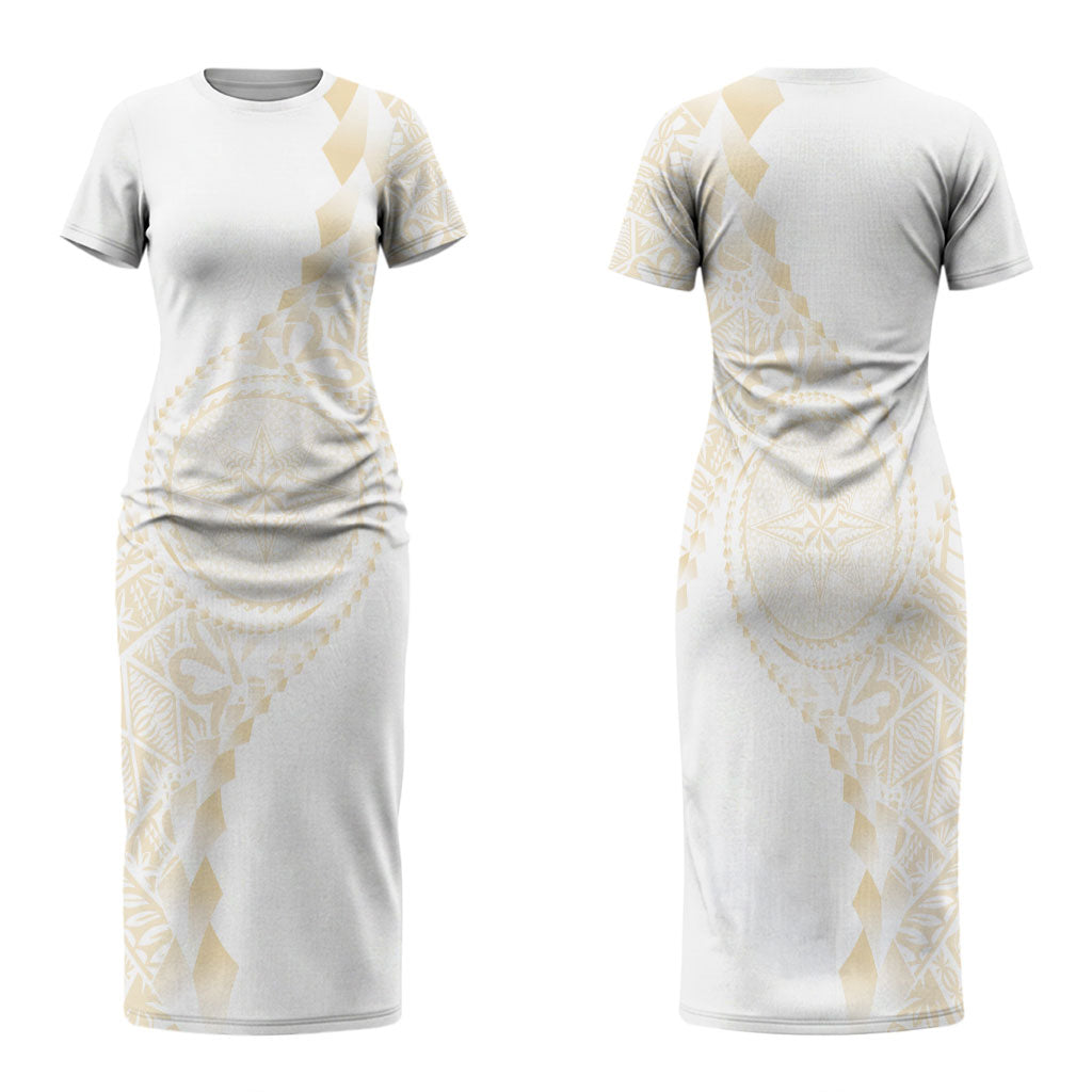 Tonga White Sunday Family Matching Short Sleeve Bodycon Dress and Hawaiian Shirt Lotu Tamaiti Tongan Kupesi Pattern LT05 Mom's Dress Beige - Polynesian Pride