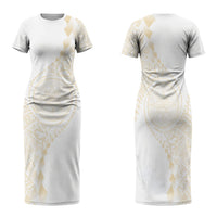 Tonga White Sunday Family Matching Short Sleeve Bodycon Dress and Hawaiian Shirt Lotu Tamaiti Tongan Kupesi Pattern LT05 Mom's Dress Beige - Polynesian Pride