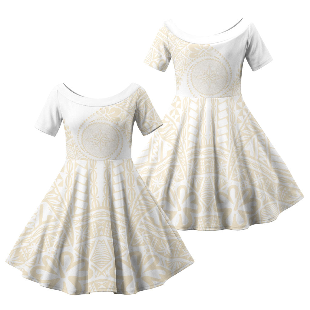 Tonga White Sunday Family Matching Short Sleeve Bodycon Dress and Hawaiian Shirt Lotu Tamaiti Tongan Kupesi Pattern LT05 Daughter's Dress Beige - Polynesian Pride