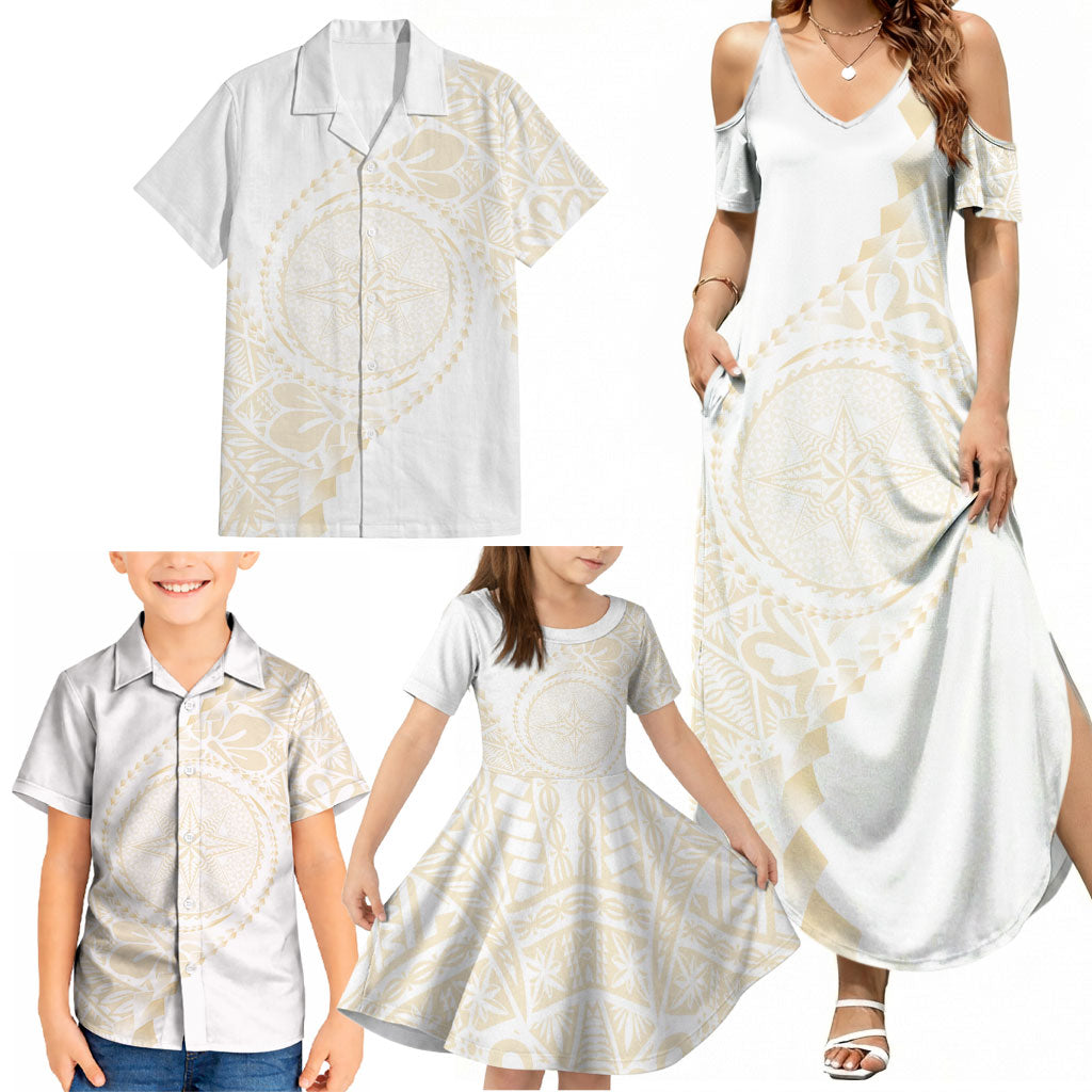 Tonga White Sunday Family Matching Summer Maxi Dress and Hawaiian Shirt Lotu Tamaiti Tongan Kupesi Pattern LT05 - Polynesian Pride