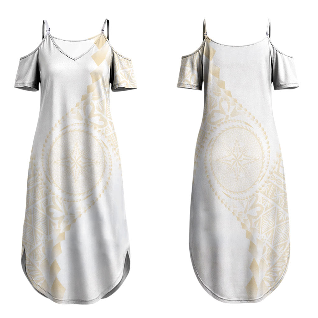 Tonga White Sunday Family Matching Summer Maxi Dress and Hawaiian Shirt Lotu Tamaiti Tongan Kupesi Pattern LT05 Mom's Dress Beige - Polynesian Pride