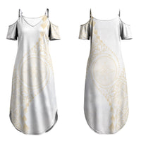 Tonga White Sunday Family Matching Summer Maxi Dress and Hawaiian Shirt Lotu Tamaiti Tongan Kupesi Pattern LT05 Mom's Dress Beige - Polynesian Pride