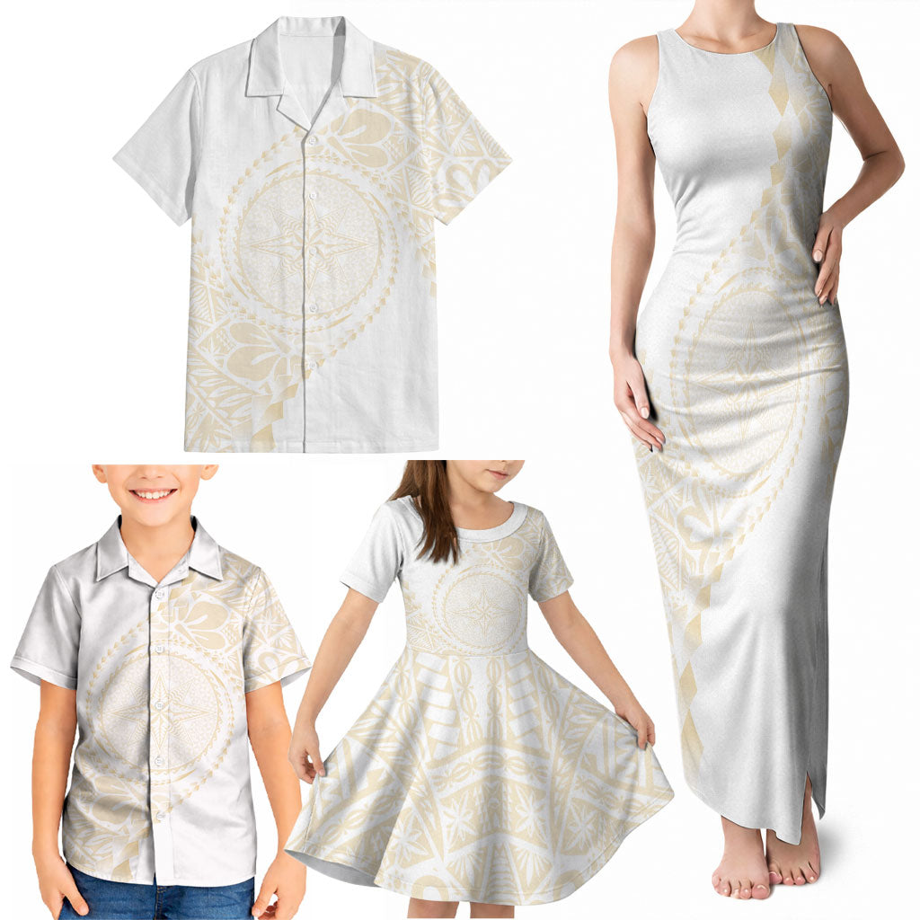 Tonga White Sunday Family Matching Tank Maxi Dress and Hawaiian Shirt Lotu Tamaiti Tongan Kupesi Pattern LT05 - Polynesian Pride