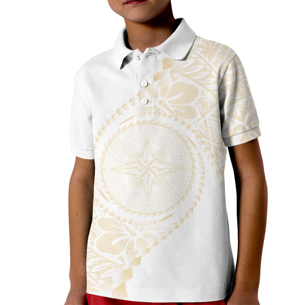 Tonga White Sunday Kid Polo Shirt Lotu Tamaiti Tongan Kupesi Pattern
