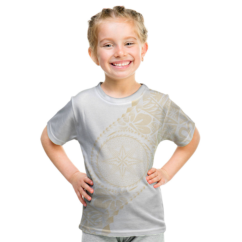 Tonga White Sunday Kid T Shirt Lotu Tamaiti Tongan Kupesi Pattern LT05 Beige - Polynesian Pride