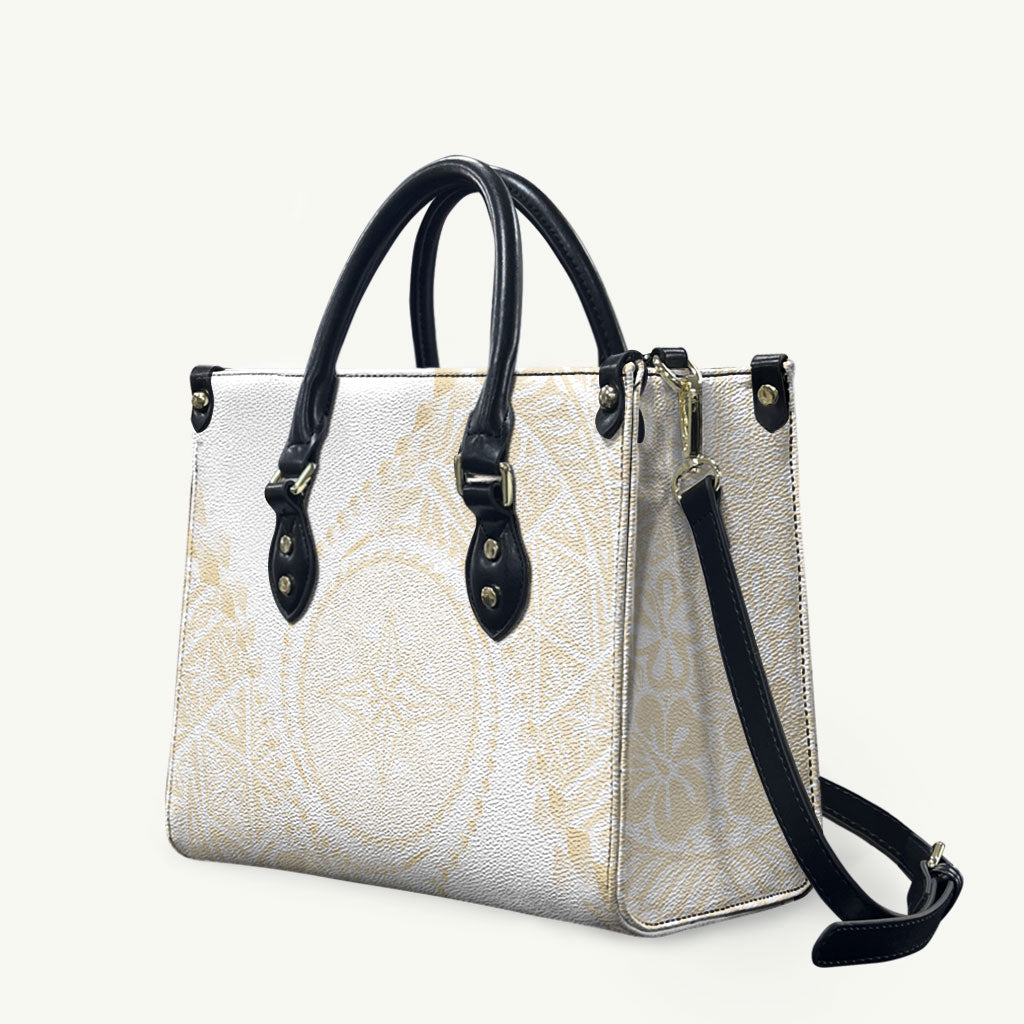 Tonga White Sunday Leather Bag Lotu Tamaiti Tongan Kupesi Pattern LT05 Beige - Polynesian Pride