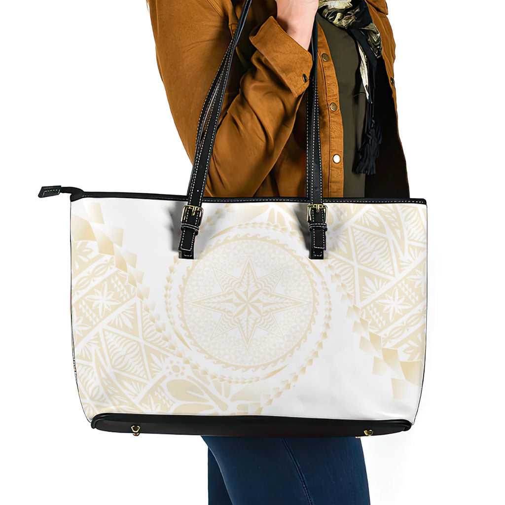 Tonga White Sunday Leather Tote Bag Lotu Tamaiti Tongan Kupesi Pattern LT05 - Polynesian Pride