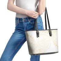 Tonga White Sunday Leather Tote Bag Lotu Tamaiti Tongan Kupesi Pattern LT05 - Polynesian Pride