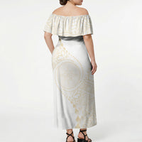 Tonga White Sunday Off Shoulder Maxi Dress Lotu Tamaiti Tongan Kupesi Pattern LT05 - Polynesian Pride