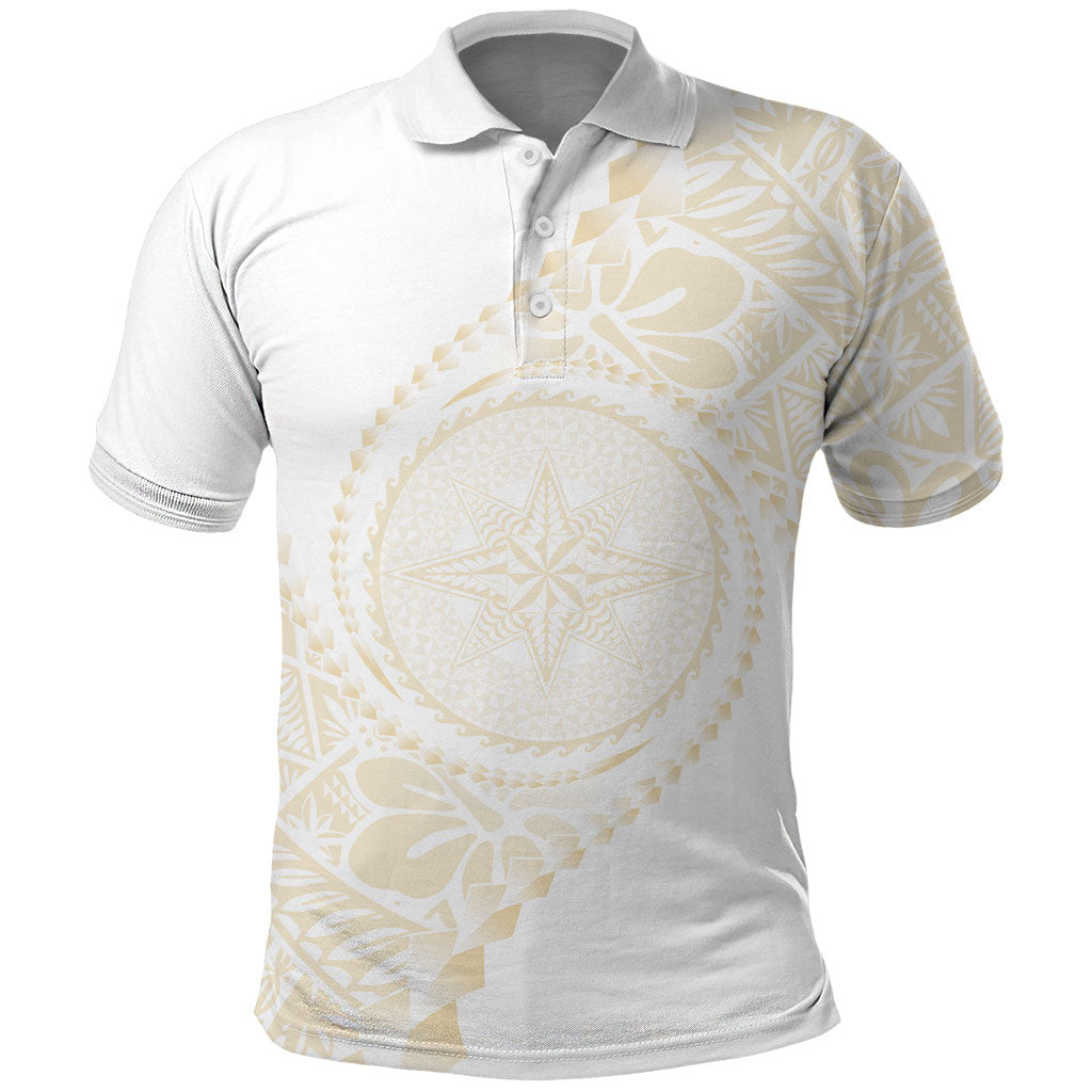Tonga White Sunday Polo Shirt Lotu Tamaiti Tongan Kupesi Pattern LT05 Beige - Polynesian Pride