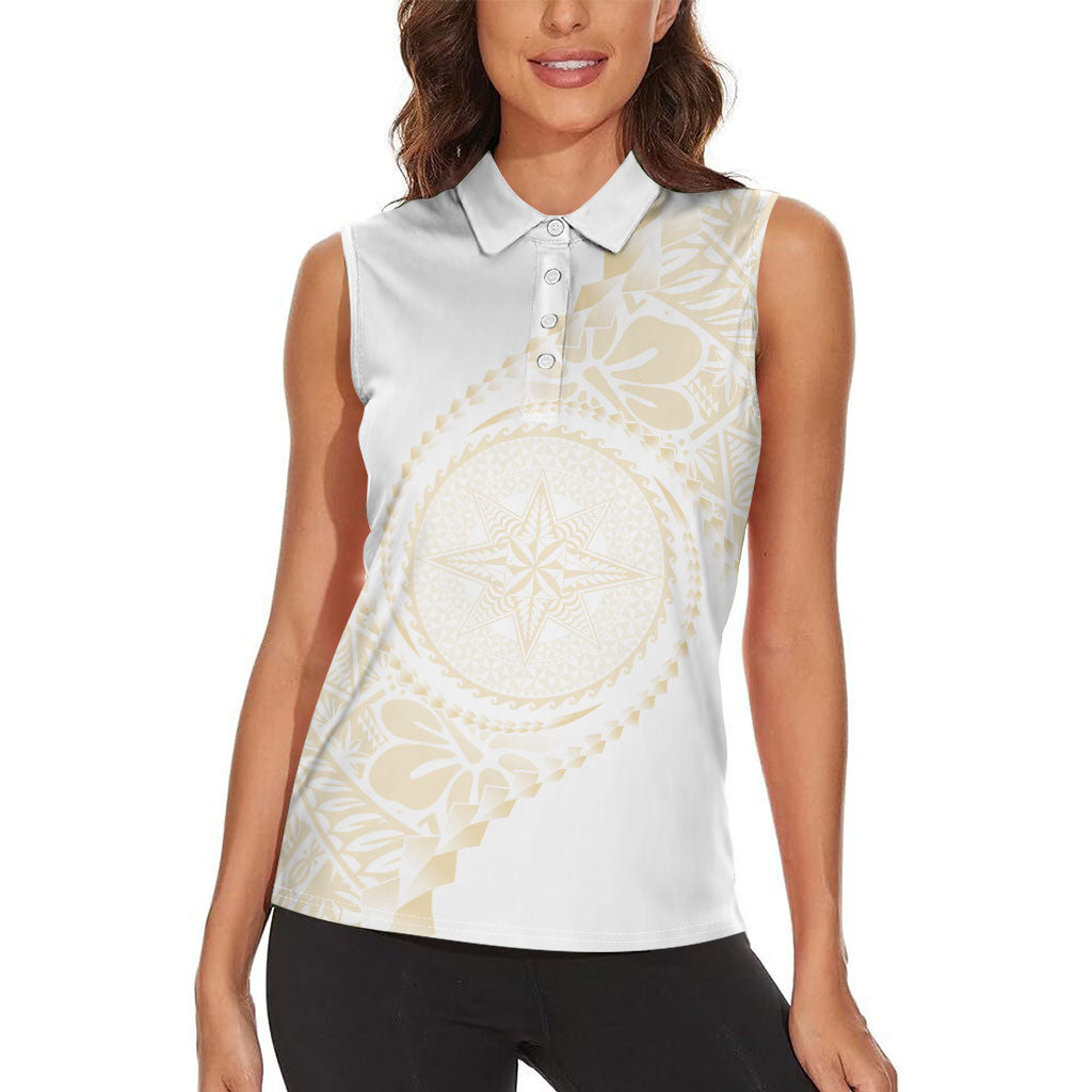 Tonga White Sunday Women Sleeveless Polo Shirt Lotu Tamaiti Tongan Kupesi Pattern LT05 - Polynesian Pride