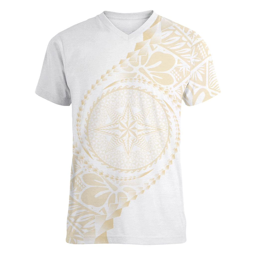 Tonga White Sunday Women V-Neck T-Shirt Lotu Tamaiti Tongan Kupesi Pattern LT05 Female Beige - Polynesian Pride