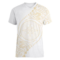 Tonga White Sunday Women V-Neck T-Shirt Lotu Tamaiti Tongan Kupesi Pattern LT05 Female Beige - Polynesian Pride