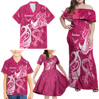 Breast Cancer Awareness Family Matching Off Shoulder Maxi Dress and Hawaiian Shirt Ribbon Polynesian Pattern Pink Version LT05 - Polynesian Pride