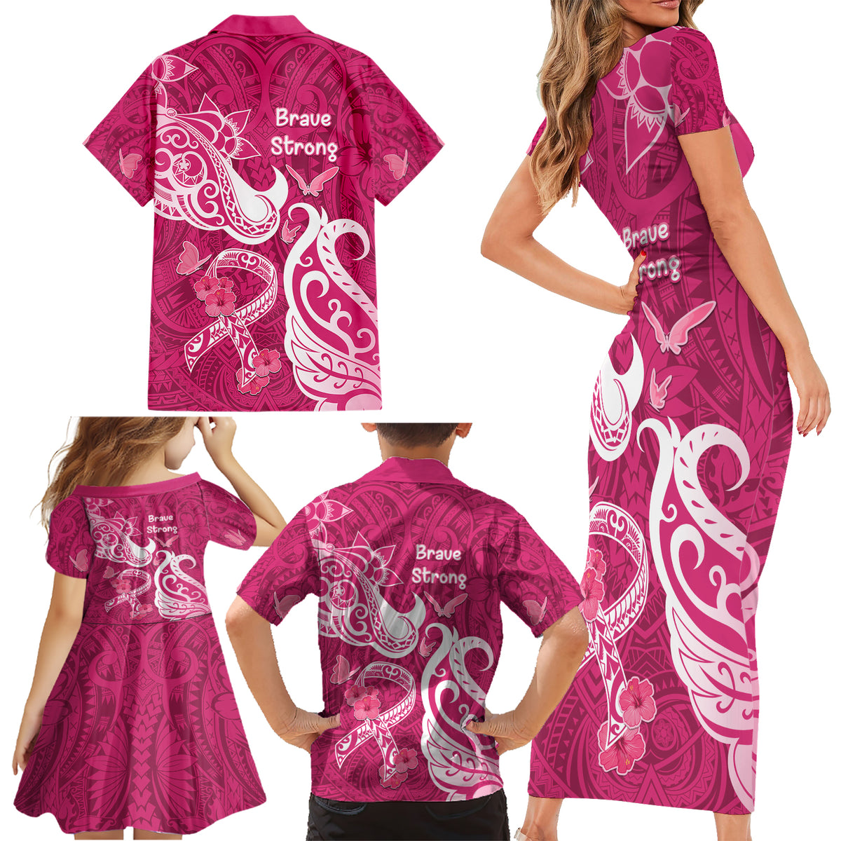 Breast Cancer Awareness Family Matching Short Sleeve Bodycon Dress and Hawaiian Shirt Ribbon Polynesian Pattern Pink Version LT05 - Polynesian Pride