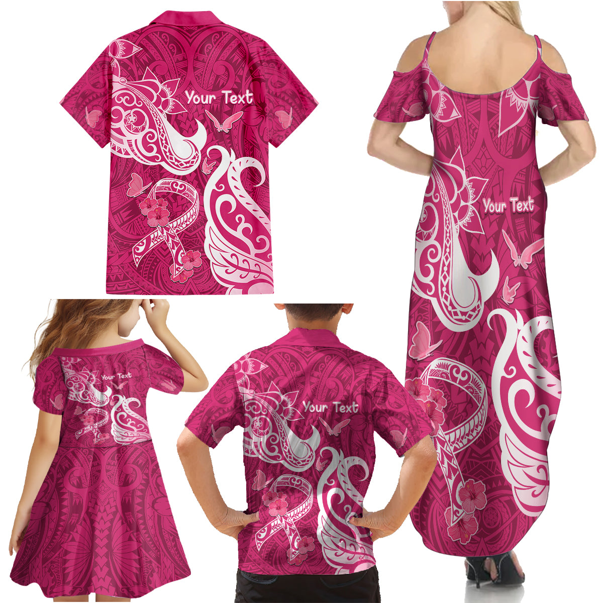 Personalized Breast Cancer Awareness Family Matching Summer Maxi Dress and Hawaiian Shirt Ribbon Polynesian Pattern Pink Version LT05 - Polynesian Pride
