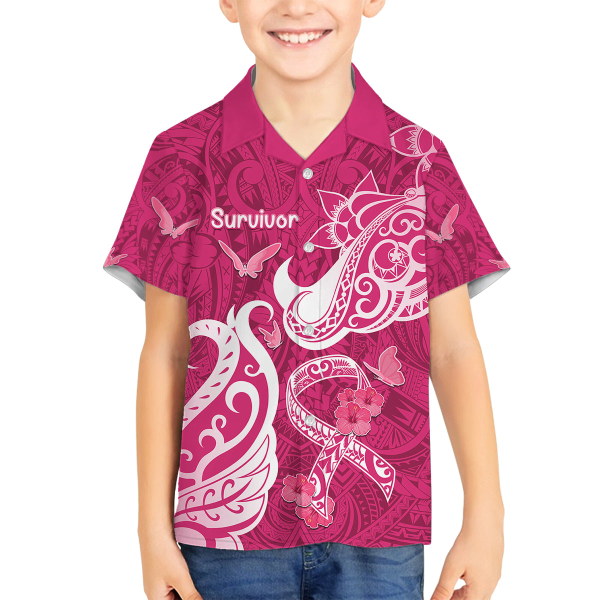 Personalized Breast Cancer Awareness Family Matching Summer Maxi Dress and Hawaiian Shirt Ribbon Polynesian Pattern Pink Version LT05 Son's Shirt Pink - Polynesian Pride
