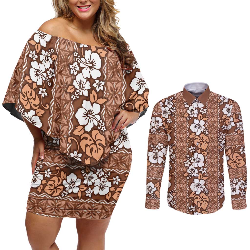 Hawaii Vintage Brown Hibiscus Tapa Pattern Couples Matching Off Shoulder Short Dress and Long Sleeve Button Shirt