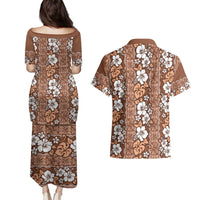 Hawaii Vintage Brown Hibiscus Tapa Pattern Couples Matching Puletasi and Hawaiian Shirt