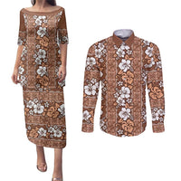 Hawaii Vintage Brown Hibiscus Tapa Pattern Couples Matching Puletasi and Long Sleeve Button Shirt LT05 Brown - Polynesian Pride