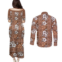 Hawaii Vintage Brown Hibiscus Tapa Pattern Couples Matching Puletasi and Long Sleeve Button Shirt LT05 - Polynesian Pride