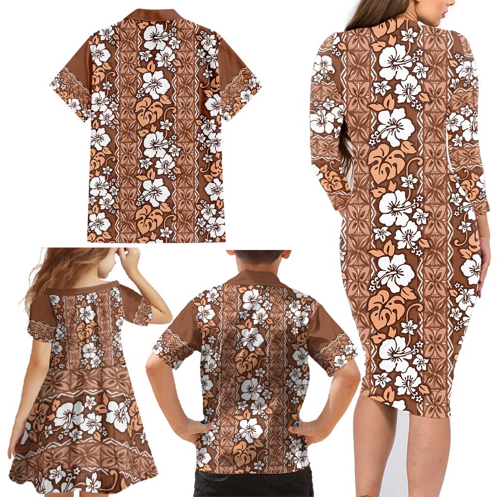 Hawaii Vintage Brown Hibiscus Tapa Pattern Family Matching Long Sleeve Bodycon Dress and Hawaiian Shirt