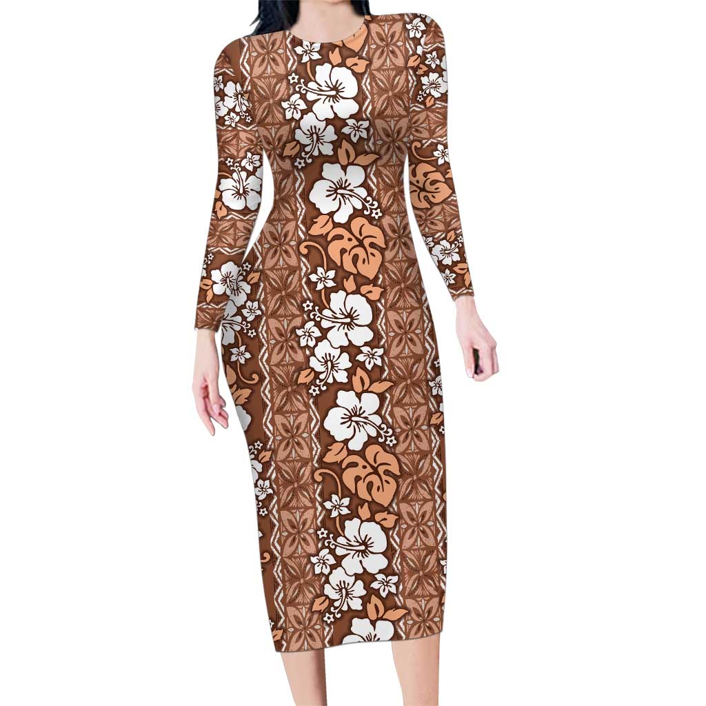 Hawaii Vintage Brown Hibiscus Tapa Pattern Family Matching Long Sleeve Bodycon Dress and Hawaiian Shirt